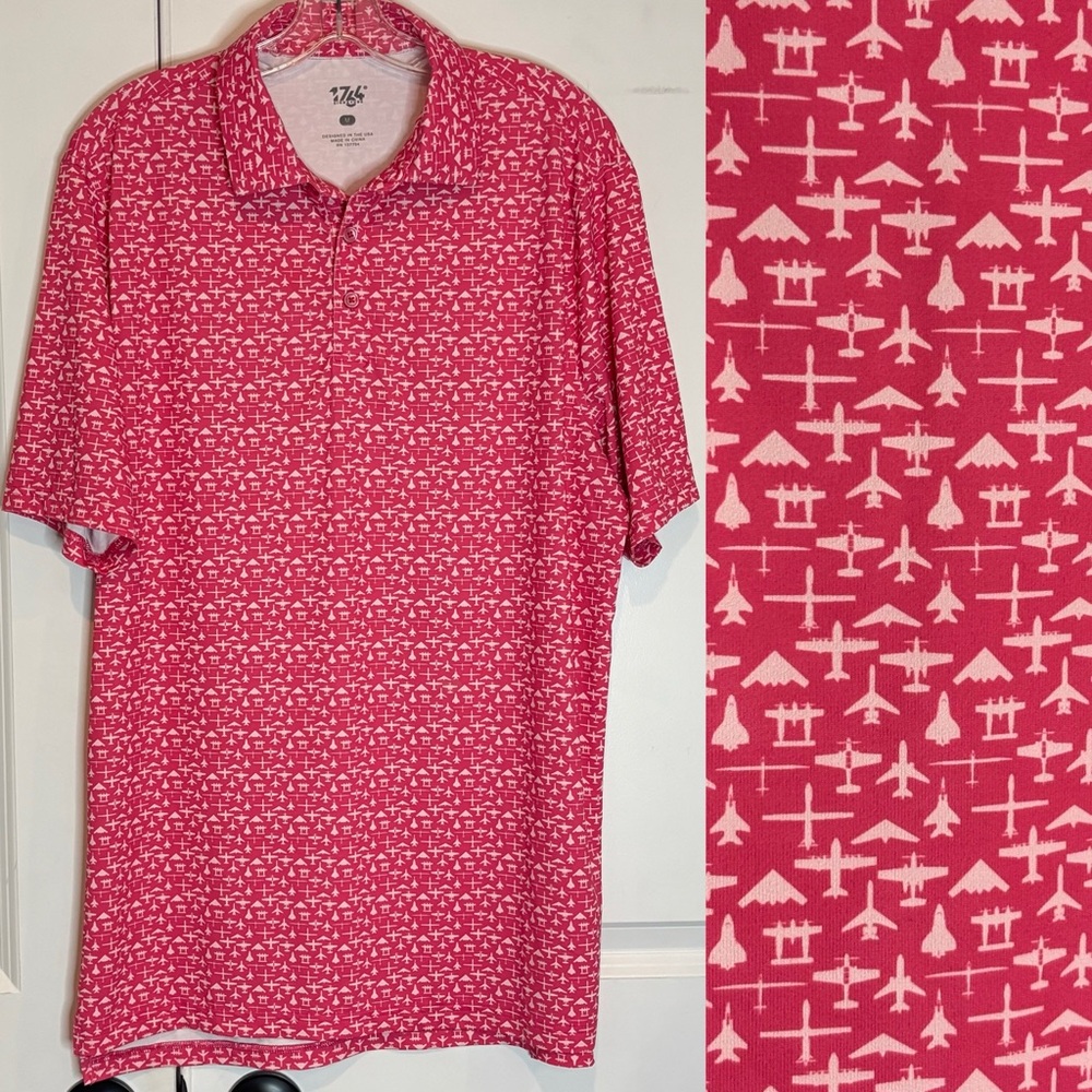 1764 Golf Signature Coral Bomber Jet Plane Print Short Sleeve Polo Shirt M